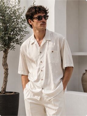 Vintage Bobby Chan 100% Silk Camp Collar Button-Up Shirt | Ivory Jacquard | XL
